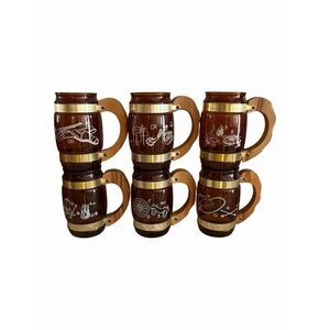 Vintage 6 Siesta Ware Amber Brown Western Cactus Barrel Glass Wood Handle Mugs